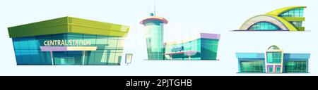 Moderne Gebäude mit Bus- oder Bahnhof, Flughafenterminal und Hafen. Vektorset von Zeichentricksymbolen von städtischen Verkehrsgebäuden isoliert auf weißem Hintergrund Stock Vektor