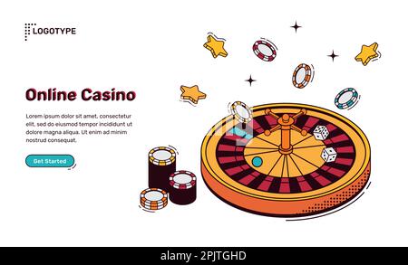 Isometrische Landing-Page des Online-Casinos, Roulette-Rad mit Würfel, Chips und Sternen, Internet-Glücksspiel-Service, Freizeitangebote, Internet-Business-Freizeitbranche, 3D-Vektorlinien-Webbanner Stock Vektor