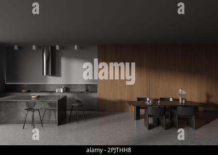 Dunkles Haus Küche Interieur mit Bar Island, Koch- und Essbereich mit Tisch und Stühlen. Modernes Design mit Essecke, grauer Betonboden. Speicherplatz kopieren Stockfoto