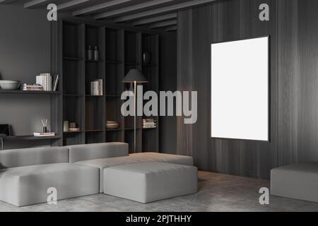 Dunkle Wohnzimmerausstattung mit Sofa, Regal mit seitlichem Blick und stilvoller Kunstdekoration, Teppich auf grauem Betonboden. Skandinavische Entspannungsecke und Mock-Up Stockfoto
