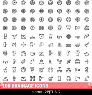 100 Abflusssymbole eingestellt. Umrissdarstellung der 100-Symbole für die Drainage, Vektorsatz isoliert auf weißem Hintergrund Stock Vektor