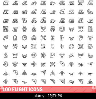 100 Flugsymbole eingestellt. Umrissdarstellung von 100 Flugsymbolen, Vektorsatz isoliert auf weißem Hintergrund Stock Vektor
