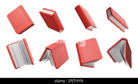 Rote Bücher mit festem Einband fliegen, verschiedene Winkel auf weißem Hintergrund. Konzept von Schule, Universität, Lernen und Bildung. 3D-Rendering-Abbildung Stockfoto