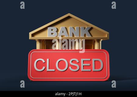 Goldene Cartoon-Bank mit großem rotem Schild GESCHLOSSEN, dunkler, blauer Hintergrund. Finanz- und Wirtschaftskrise, Schulden und Konkurs. 3D-Rendering-Abbildung Stockfoto