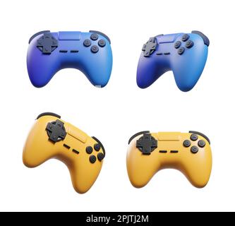 Vier Gamepad-Controller, blaue und gelbe Farbe auf leerem weißem Hintergrund. Konzept von Videospielen, Konsolen und drahtlosen Geräten. 3D-Rendering il Stockfoto