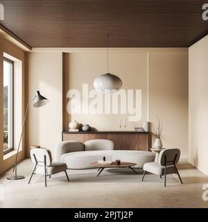 Beige Wohnzimmereinrichtung mit Sofa und Sessel, Schublade mit Dekoration und Couchtisch mit Büchern, Teppich auf hellem Betonboden. Chill Space in Stockfoto