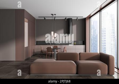 Das moderne Wohnzimmer ist mit grauen Wänden, gefliestem Boden, komfortablem braunem Sofa und Küche mit braunen Schränken und Esstisch im Hintergrund eingerichtet. 3D Stockfoto