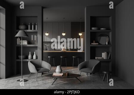 Das elegante Wohnzimmer verfügt über graue Wände, Betonboden, bequeme Sessel und Schränke und eine Küche mit Bar im Hintergrund. 3D-Rendern Stockfoto