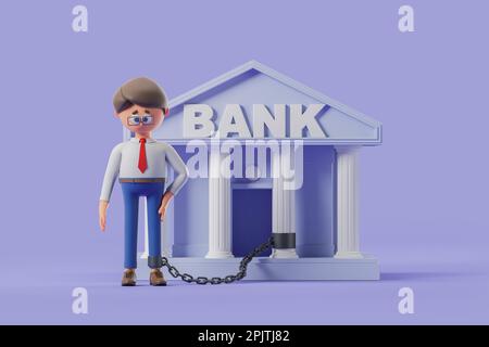 3D-Rendering. Gestresster und trauriger Cartoon-Geschäftsmann, an die Bank gekettet auf lila Hintergrund. Begriff Schulden, Belastung und finanzielles Risiko, Il Stockfoto