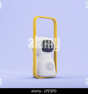 Süßer weißer Roboter mit künstlicher Intelligenz verlässt den Smartphone-Bildschirm. Konzept des Roboterassistenten und maschinellen Lernens. 3D-Rendering Stockfoto