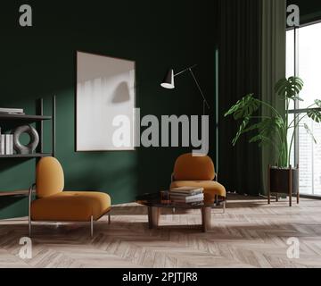 Ecke des modernen Wohnzimmers mit dunkelgrünen Wänden, Holzfußboden, zwei gelben Sesseln, die neben einem runden Couchtisch stehen, und vertikalem Musterposter. 3 Stockfoto