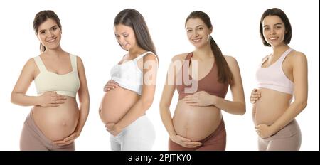 Collage mit Fotos glücklicher schwangerer Frauen auf weißem Hintergrund. Bannerdesign Stockfoto