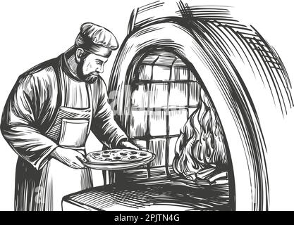 Italienische Pizza, Kochen von Pizza, Backen mit Feuer, handgezeichnete Vektorzeichnung, realistische Skizze. Stock Vektor