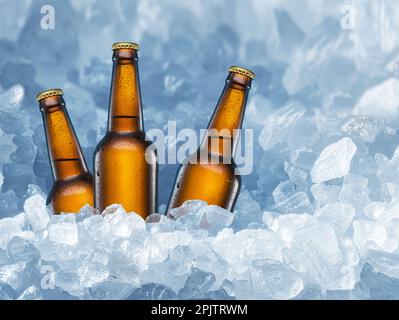 Kalte Bierflaschen in Eiswürfeln. Hintergrund für Speisen und Getränke. Stockfoto