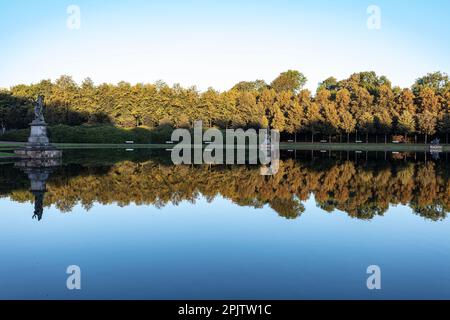 Reflexion am Hollersee im Burgerpark aus dem 19. Jahrhundert (Bürgerpark) mit Gärten, Seen, Wäldern und Parkanlagen am frühen Morgen. Bremen. Stockfoto