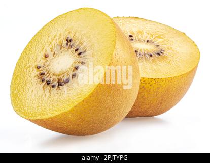 Goldene Kiwi-Fruchtscheiben isoliert auf weißem Hintergrund. Stockfoto