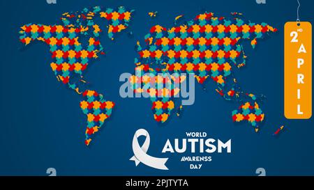 Weltautismus-Awareness-Tag mit Ribbon. Blauer Hintergrund und Vektordarstellung des Weltkarten-Designs. Stock Vektor