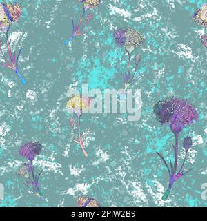 Aquarell strukturierte Blume. Blumen auf smaragdgrünem Hintergrund. Blumen abstraktes nahtloses Muster. Stockfoto