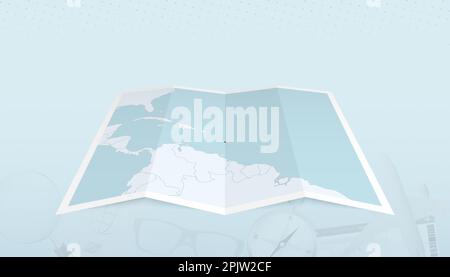 Karte Dominicas mit der Flagge Dominicas in der Kontur der Karte im abstrakten Reisehintergrund. Reiseabbildung. Stock Vektor