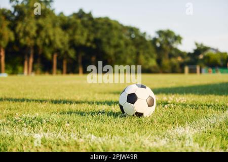 Nahaufnahme des Fußballs, der auf dem grünen Gras liegt Stockfoto