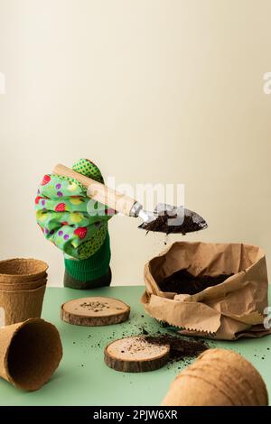 Pflanzen von Tomatensamen für Setzlinge, Handschuh mit Gartenschaufel, umweltfreundliche Töpfe und Samen, Ermahlen und Gartenwerkzeuge Stockfoto