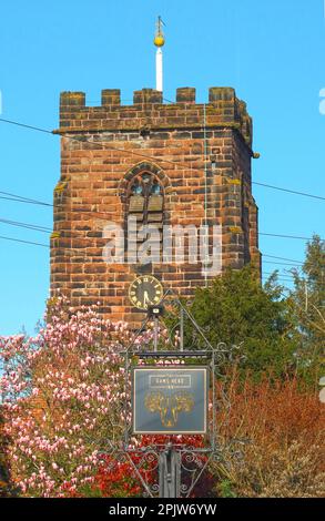 Dorf im Frühling, St. Wilfrids Kirche, Church Lane, Grappenhall Village, South Warrington, Cheshire, England, Großbritannien Stockfoto