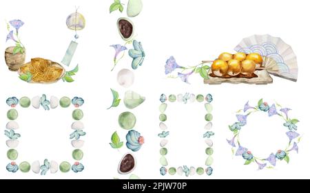 Handgezeichnete traditionelle japanische Süßigkeiten in Aquarellfarben. Kompositionen mit Sommer-Wagashi, Tayaki, Tee, Rahmen. Isoliert auf weißem Hintergrund Stockfoto