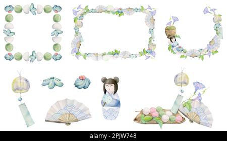 Handgezeichnete traditionelle japanische Süßigkeiten in Aquarellfarben. Kompositionen mit Sommer-Wagashi, Tayaki, Tee, Rahmen. Isoliert auf weißem Hintergrund Stockfoto