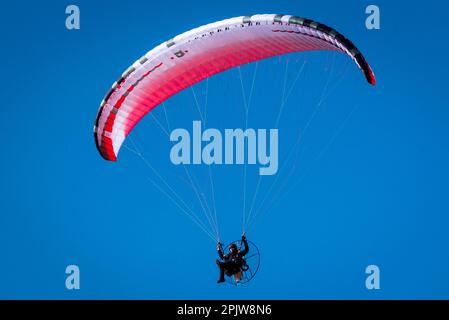 Gleitschirm gegen blauen Himmel. Stockfoto