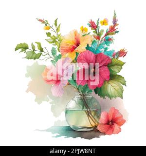 Aquarelle Vektorhibiskusblüten in Vase, isoliert auf weißem Hintergrund. Stock Vektor