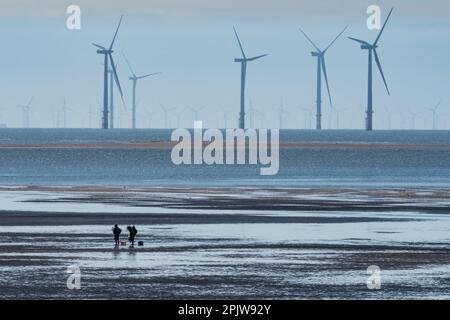 Fishernan am Crosby Beach mit riesigen Windmühlen in Liverpool Bay. Stockfoto