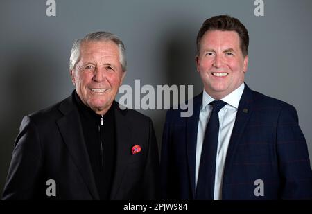 Porträt von Weltmeister Golfer Gary Player und TV-Moderator und Sender David Tanner Stockfoto