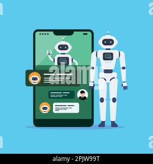 Android-Roboter und Chat-bot auf dem Smartphone-Bildschirm. Chat-GPT. Künstliche Intelligenz. Vektordarstellung Stock Vektor