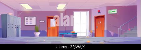 Schulflur mit Klassentüren, Schließfächern, Treppe und Fenster. Leerer, dreckiger Universitäts- oder College-Flur mit Chaos und Müll auf dem Boden, Stock Vektor