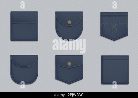 Realistische Jeans strukturieren den Vektor der hinteren Tasche. 3D blaues Denim-Stoffmuster mit Ziernaht auf transparentem Hintergrund. Hosenzubehör Stock Vektor