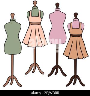 Handgezeichnete Illustration mit Schaufensterpuppe Kleid Kleidung nähen Kunsthandwerk Dressmaking-Artikel. Grüner, brauner, beigefarbener gepunkteter Hintergrund, passendes Nahtmuster, handgefertigtes Business-Hobby, Stoff. Stockfoto