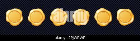 Goldwachssiegel, Briefmarken für Zertifikate, Qualitätsgarantie, Briefe. Leere runde goldene Wachsabzeichen, alte mittelalterliche Etiketten, vektorrealistische Illustrationen Stock Vektor