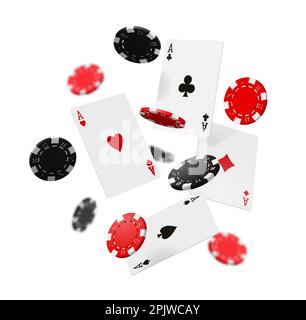 Fliegende Casino-Poker-Karten und -Chips, Spielvektor 3D auf weißem Hintergrund. Casino Poker oder Vegas Jackpot Karten mit Assen und Rot oder B spielen Stock Vektor