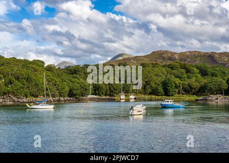 Boote liegen im geschützten Hafen in der Samalaman Bay in Glenuig auf der Ardnamurchan-Halbinsel in Lochaber, Schottland Stockfoto