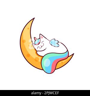 Cartoon, niedliche Kawaii-Caticorn-Figur, die auf dem Mond schläft. Weiße Vektorkatze mit buntem Regenbogenschwanz. Magisches Kätzchen mit Hornschlaf auf Kresk Stock Vektor