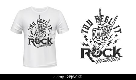 Rock-Never-die-Tattoo, T-Shirt-Aufdruck. Design-Vorlage für harte und schwere Rock-Fan-T-Shirts, Rock-n-Roll-Band-Live-Konzert oder Musikfestival-Bekleidungsvektor Stock Vektor