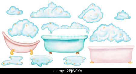 Ein Satz mehrfarbiger Aquarellbäder, Seifenschaum und Pfützen - isolierte Illustrationen. Einfaches, gemütliches Design. Cartoon-Style Stockfoto