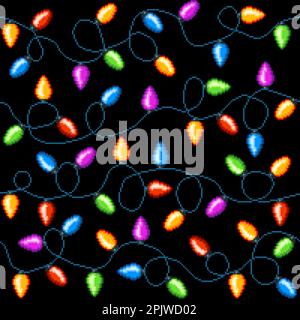Weihnachtspixel beleuchten nahtlose Muster oder Vektorhintergrund der Wintergarland. Weihnachtsbeleuchtung mit 8bit Pixeln, Weihnachtsdekoration in Farbe Stock Vektor