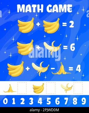 Mathe-Trickfilm mit rohen Bananenfrüchten. Vektormathematikrätsel-Arbeitsblatt für die Erziehung und das Mathematiklernen von Kindern. Entwicklung der Kalkulation sk Stock Vektor