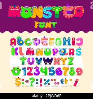 Zeichentrickmonster Schriftart, Schriftart, Schriftart und Alphabet. Vektorbuchstaben und Zahlen mit niedlichen Halloween-Monstertieren und Außerirdischen. Lustiges Abc mit Stock Vektor