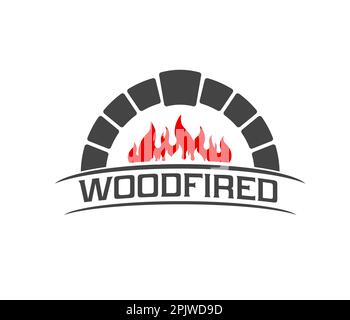Kamin, Brennholzofen mit brennendem Holz, holzbefeuerter Schornsteinherd, Vektorsymbol. Kamin oder Backsteinofen, Bäckerei, Pizzarestaurant Stock Vektor