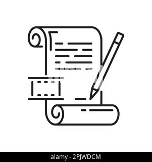 Filmskriptpapier und Zeichensymbol. Vektor-Drehbuch Schreiben dünner Linien Szenario, Filmschaffen Umriss Symbol. Film-Video-Produktions-Scen Stock Vektor