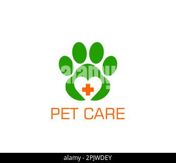 Tierkliniksymbol des Tierpflegetieres mit Hund- oder Katzenpfote, Vektor-Vet Krankenhaus Symbol. Haustierpflege Kliniksymbol mit Herz und Kreuz, Tierarzt Hea Stock Vektor