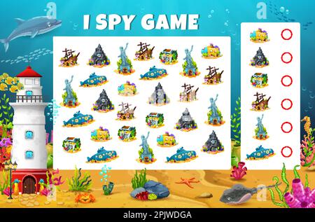 Ich sehe ein Spielearbeitsblatt. Unterwasserlandschaft mit Märchenhäusern Vektor Kinder Puzzle Quiz. Suchen und zählen Sie unter Wasserstädten, Cartoon-Shit Stock Vektor