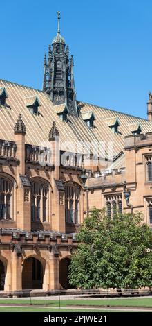 Der bronzefarbene Turm auf der Maclaurin Hall an der University of Sydney, der bis 1962 die Fisher Library der Universität beherbergte Stockfoto